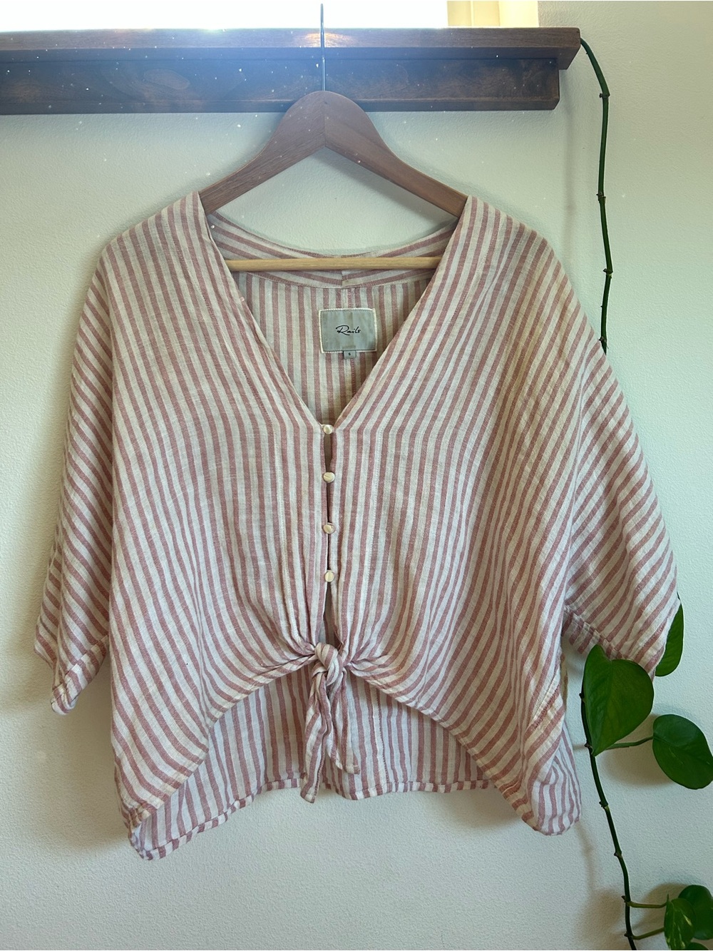 Rails Linen-blend Red & White Striped Button-Tie V-Neck Blouse